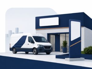 Gestalteter Büroraum mit Markenbotschaft an der Wand